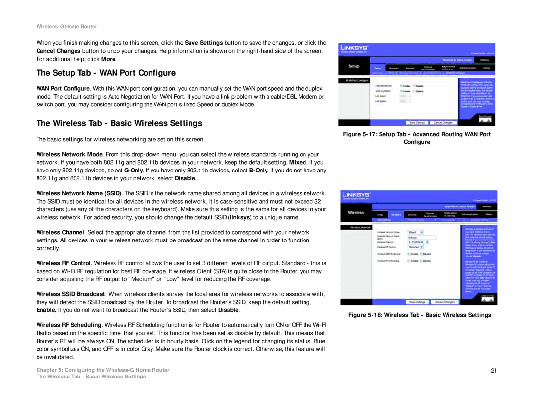 Linksys WRH54G manual Setup Tab WAN Port Configure, Wireless Tab Basic Wireless Settings 