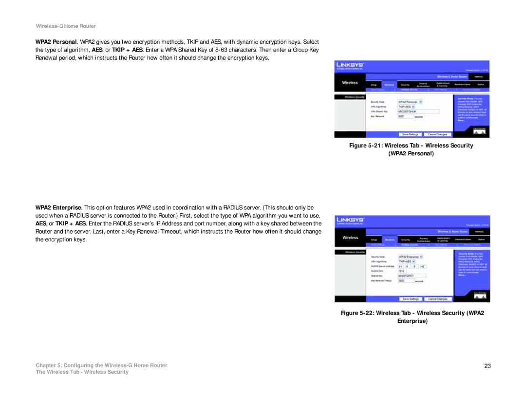 Linksys WRH54G manual Wireless Tab Wireless Security WPA2 Enterprise 