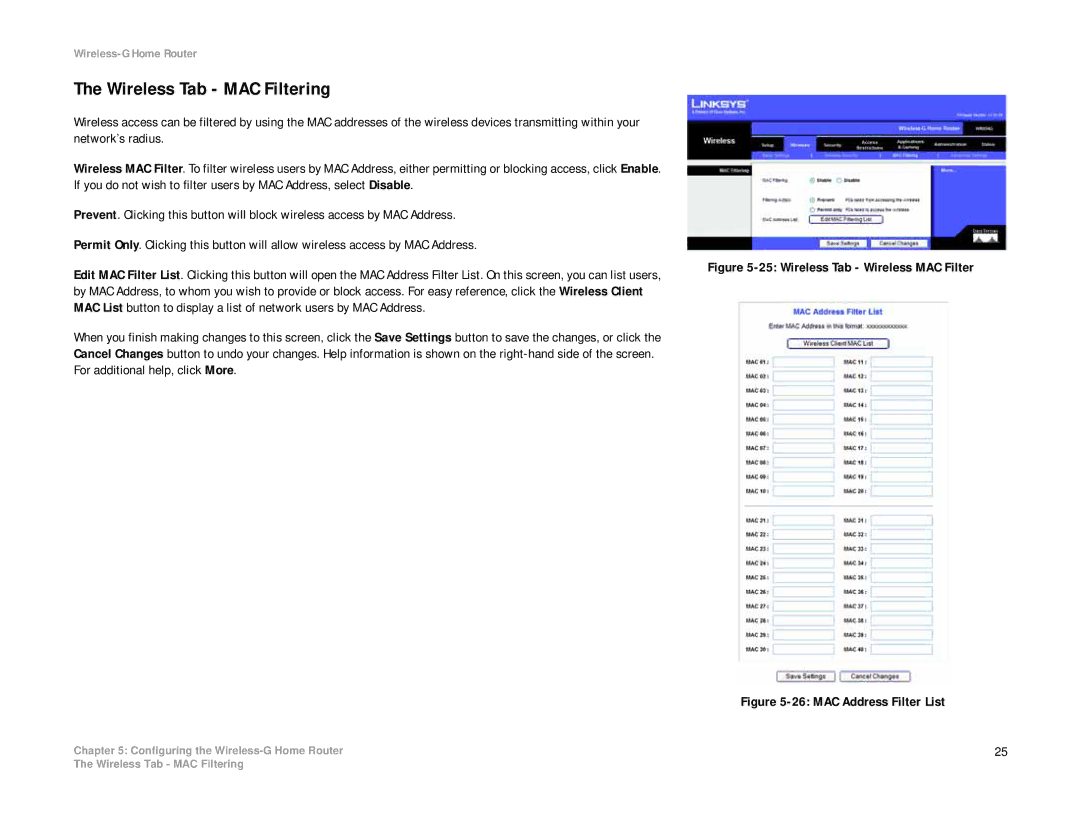 Linksys WRH54G manual Wireless Tab MAC Filtering, Wireless Tab Wireless MAC Filter 