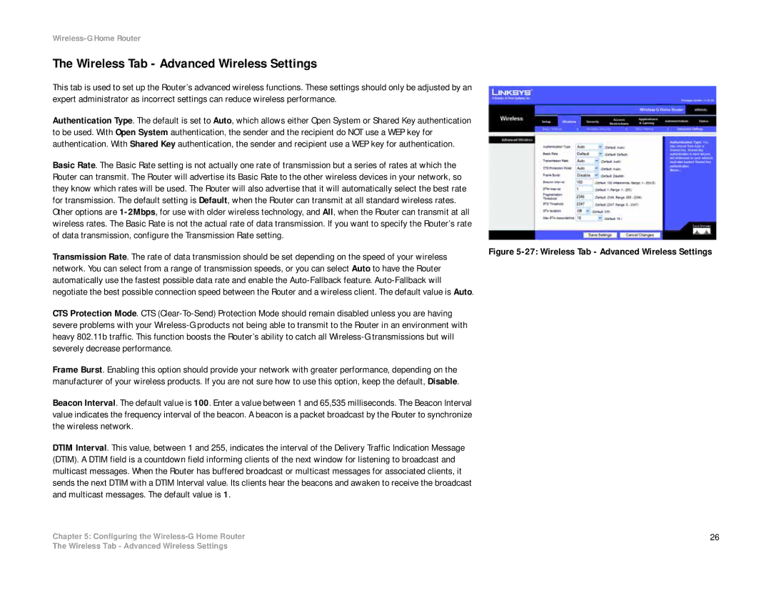 Linksys WRH54G manual Wireless Tab Advanced Wireless Settings, Severely decrease performance 