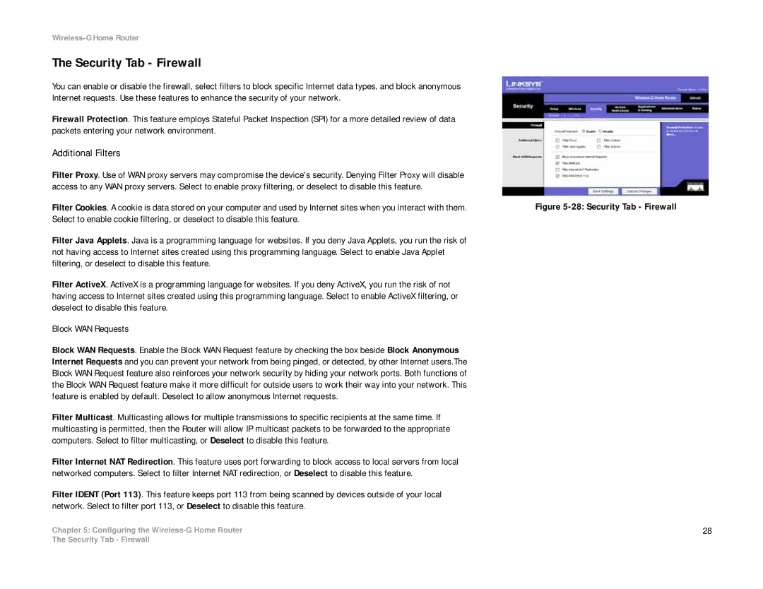 Linksys WRH54G manual Security Tab Firewall, Additional Filters 
