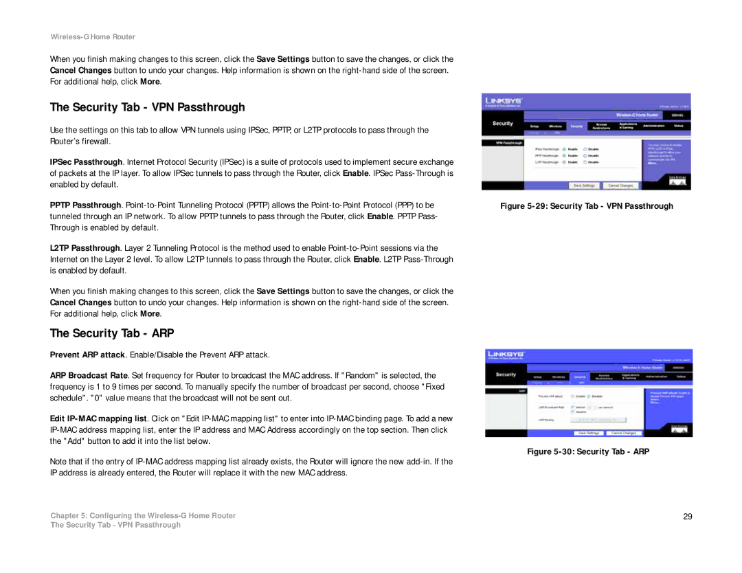 Linksys WRH54G manual Security Tab VPN Passthrough, Security Tab ARP 