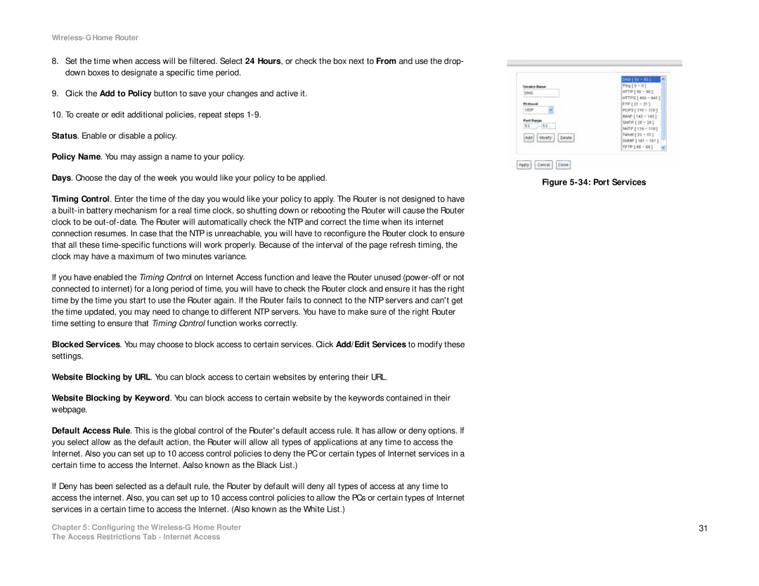 Linksys WRH54G manual Port Services 