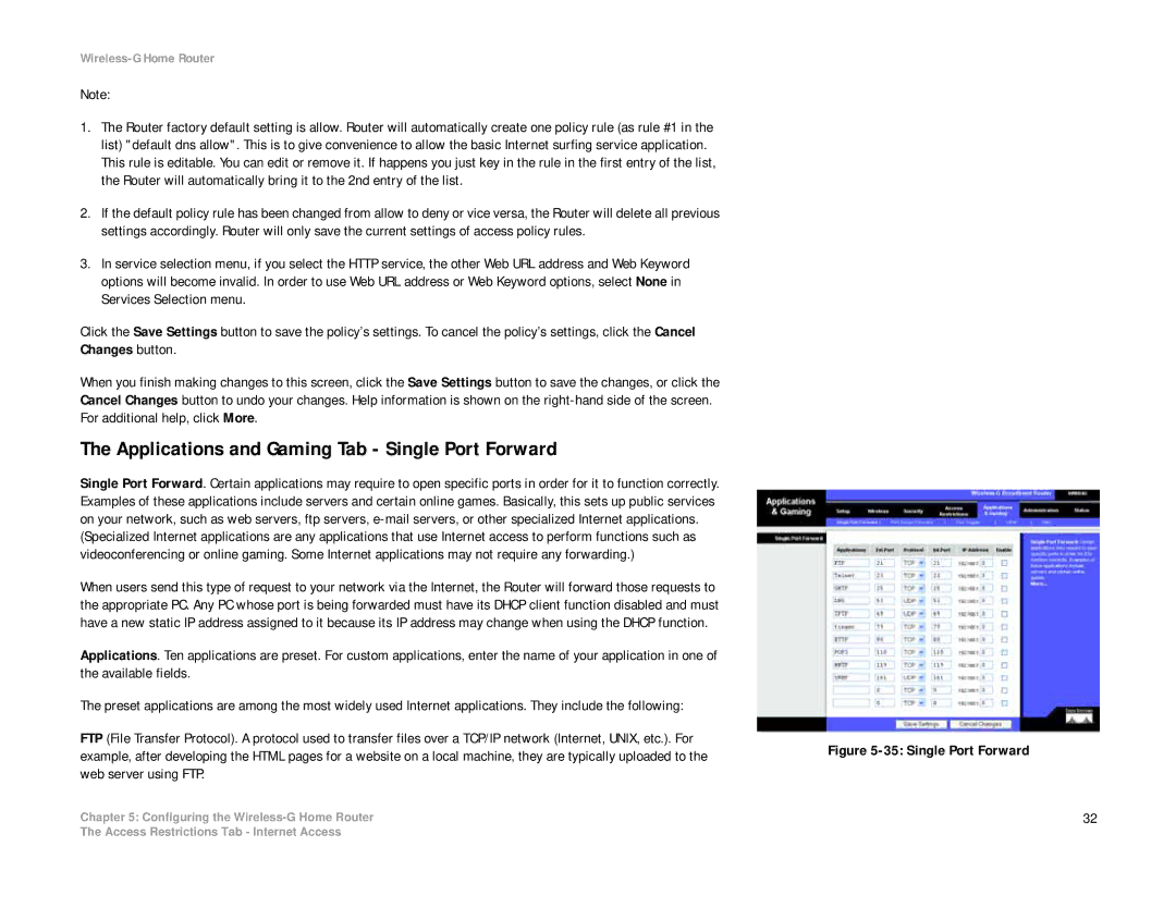 Linksys WRH54G manual Applications and Gaming Tab Single Port Forward 