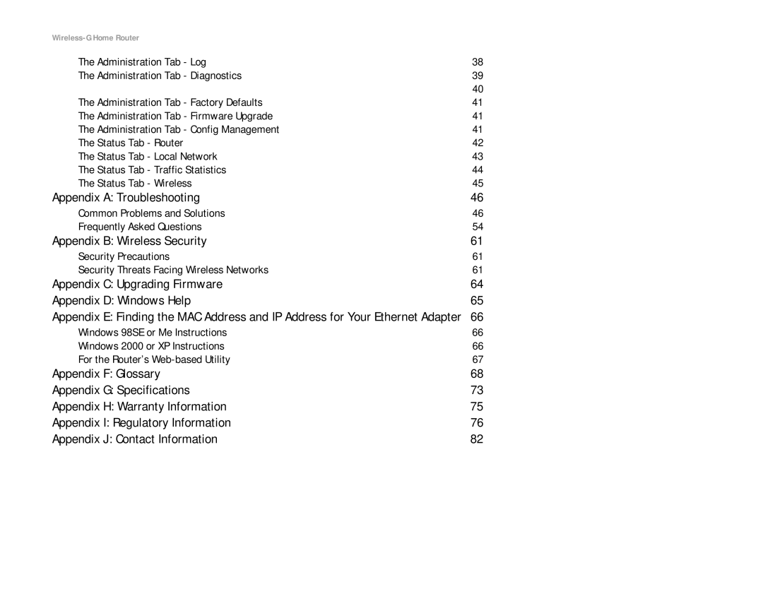 Linksys WRH54G manual Appendix a Troubleshooting, Appendix B Wireless Security 