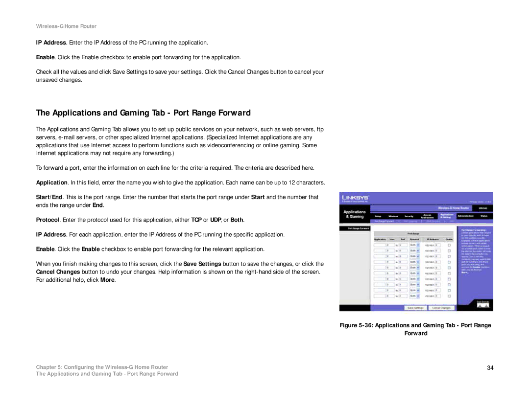 Linksys WRH54G manual Applications and Gaming Tab Port Range Forward 