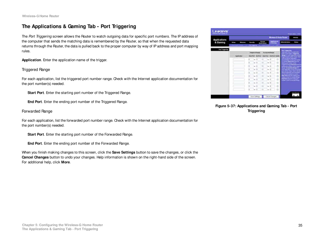 Linksys WRH54G manual Applications & Gaming Tab Port Triggering, Triggered Range 