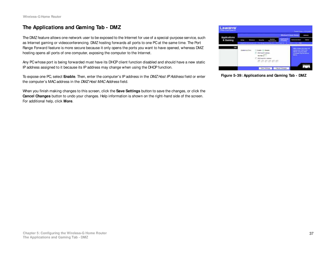 Linksys WRH54G manual Applications and Gaming Tab DMZ 