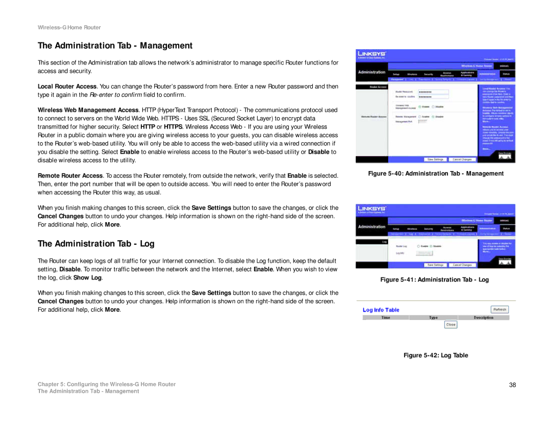 Linksys WRH54G manual Administration Tab Management, Administration Tab Log 