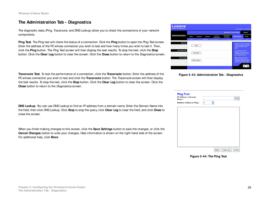 Linksys WRH54G manual Administration Tab Diagnostics 