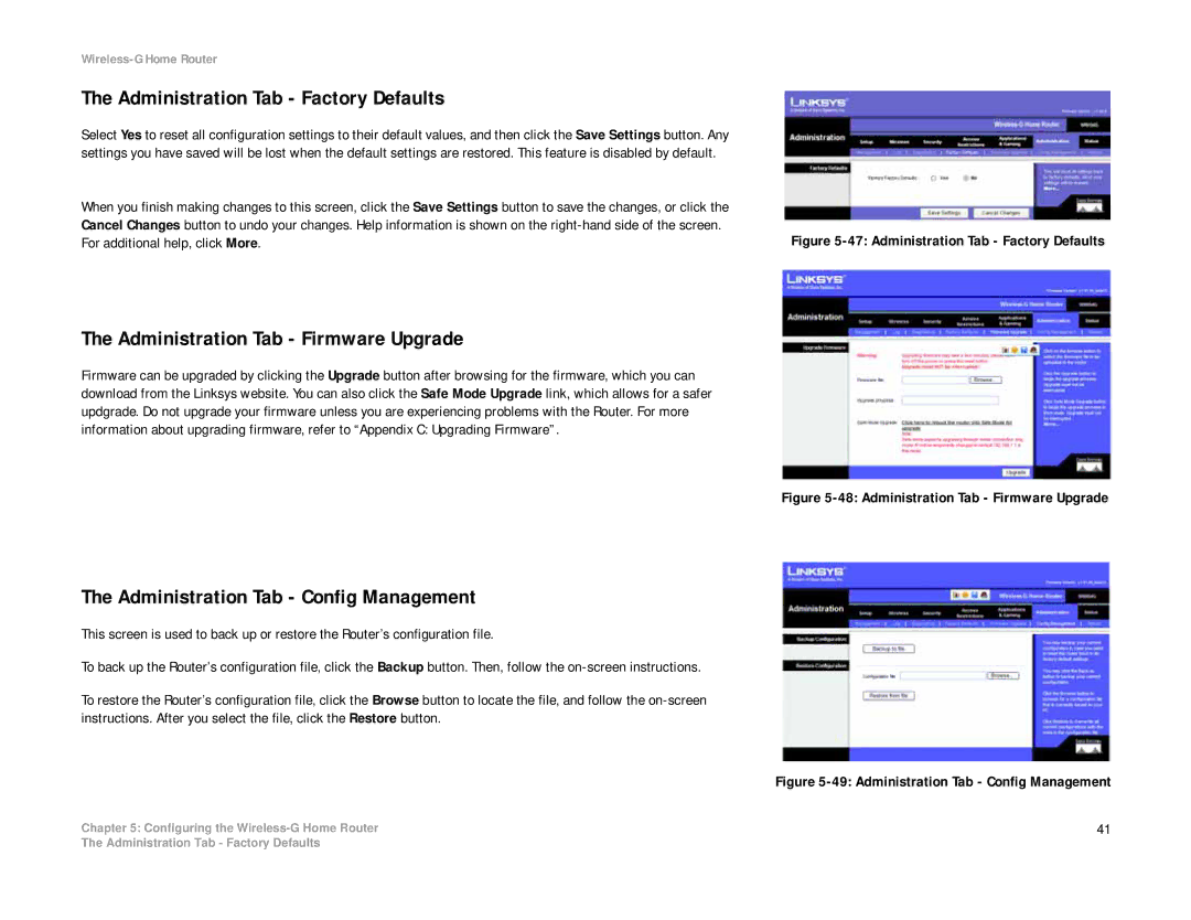 Linksys WRH54G manual Administration Tab Factory Defaults, Administration Tab Firmware Upgrade 