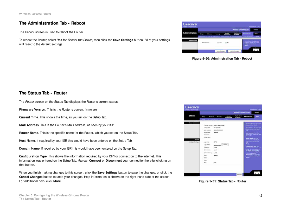 Linksys WRH54G manual Administration Tab Reboot, Status Tab Router 