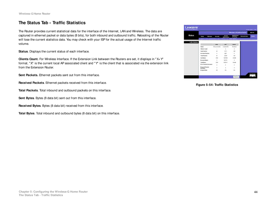 Linksys WRH54G manual Status Tab Traffic Statistics 