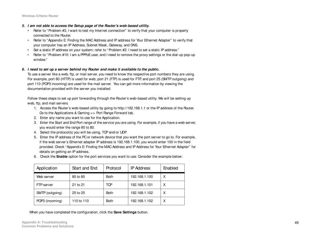 Linksys WRH54G manual Application Start and End Protocol IP Address Enabled 