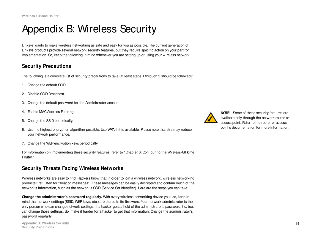 Linksys WRH54G manual Appendix B Wireless Security, Security Precautions, Security Threats Facing Wireless Networks 