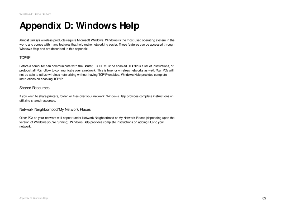 Linksys WRH54G manual Appendix D Windows Help, Tcp/Ip 