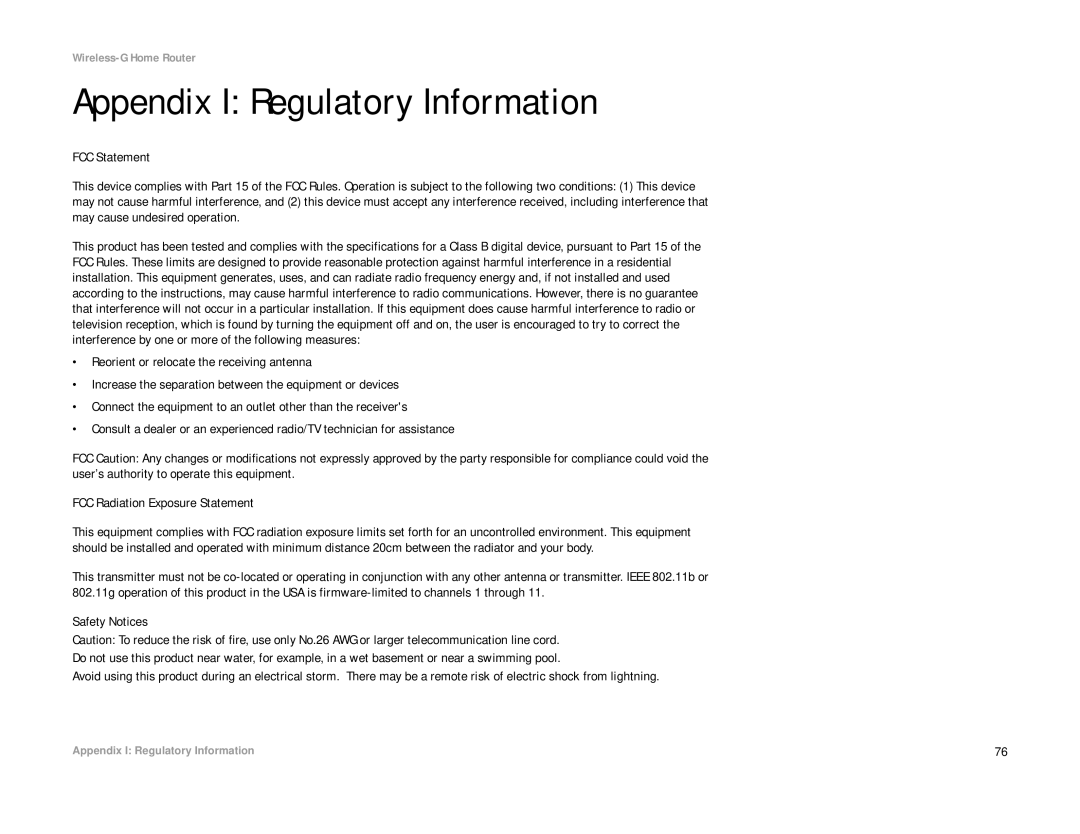 Linksys WRH54G manual Appendix I Regulatory Information 