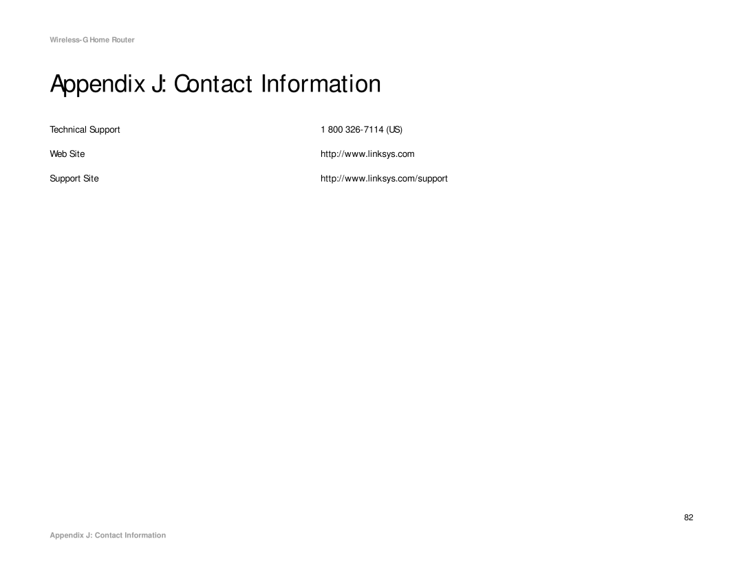 Linksys WRH54G manual Appendix J Contact Information 