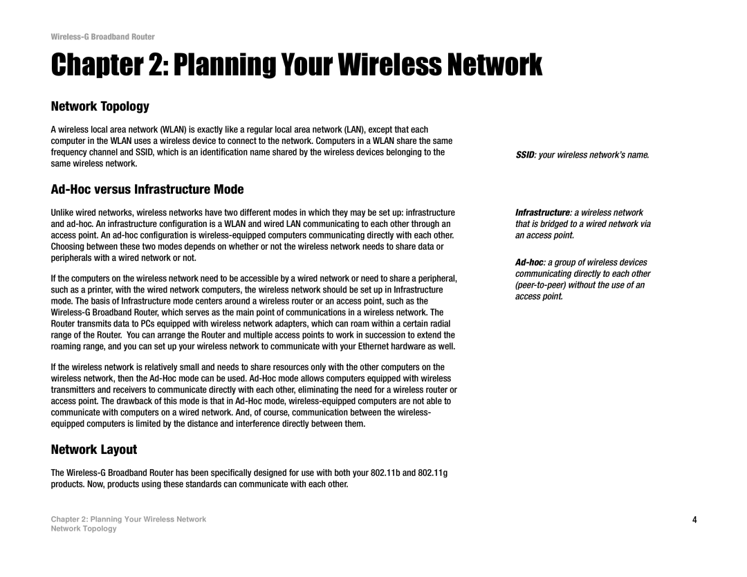 Linksys WRK54G (EU/LA) Planning Your Wireless Network, Network Topology, Ad-Hoc versus Infrastructure Mode, Network Layout 