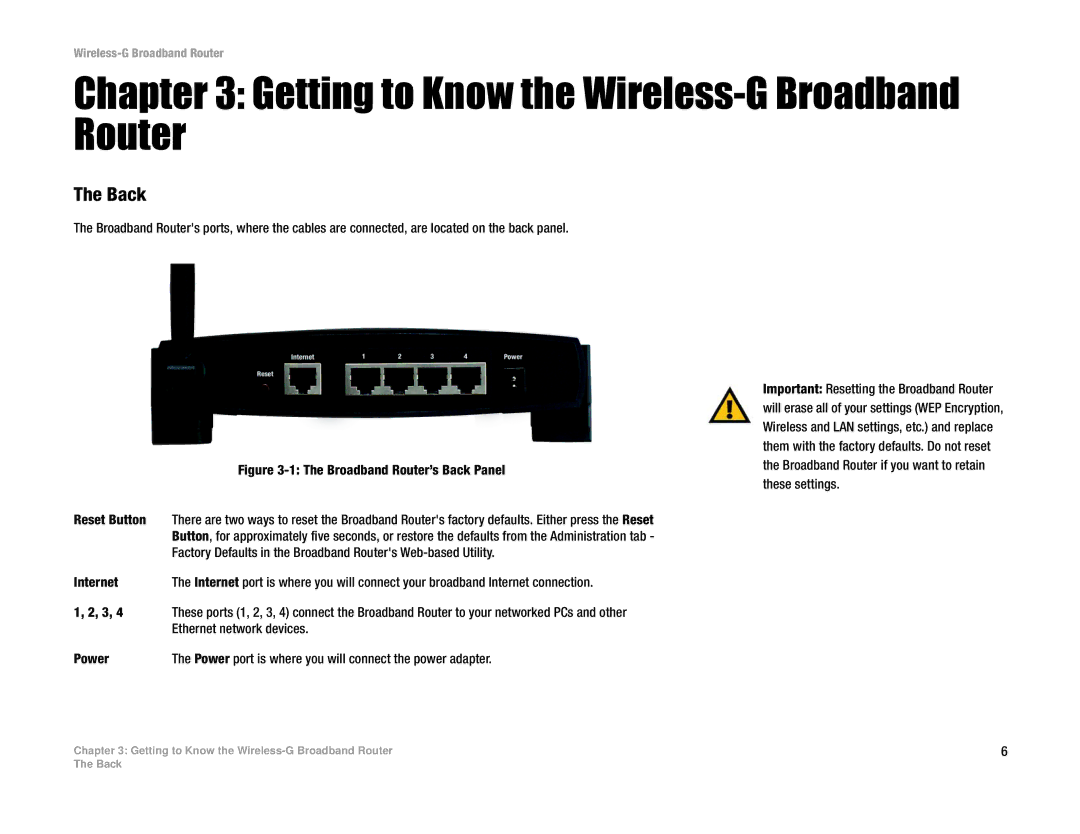 Linksys WRK54G (EU/LA) manual Getting to Know the Wireless-G Broadband Router, Back 