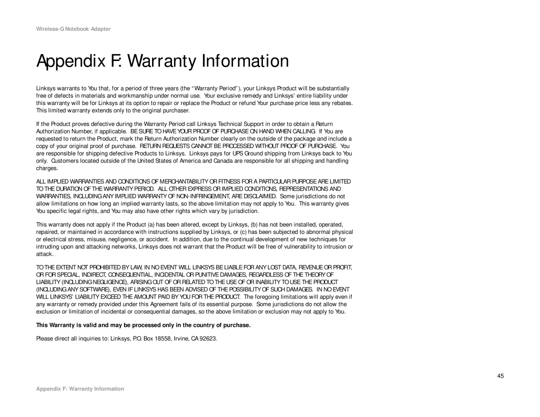 Linksys WRK54G (EU/LA) manual Appendix F Warranty Information 