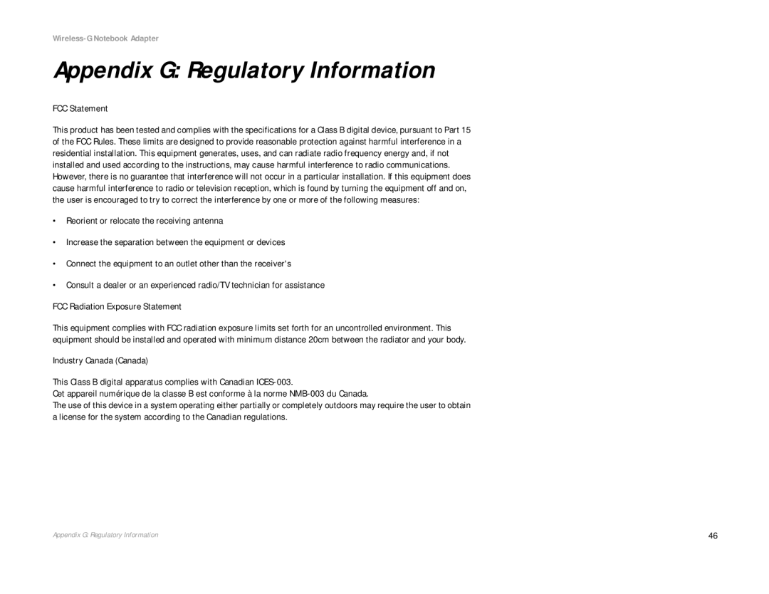 Linksys WRK54G (EU/LA) manual Appendix G Regulatory Information 