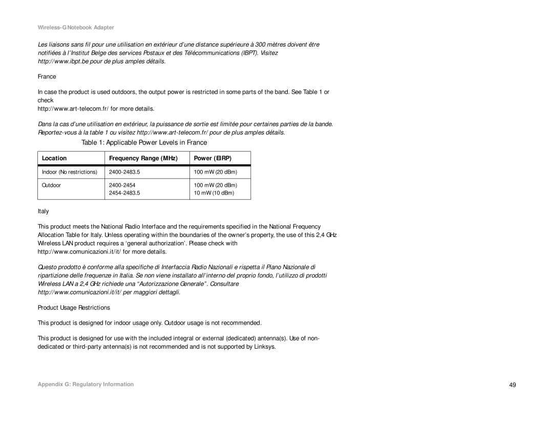 Linksys WRK54G (EU/LA) manual Applicable Power Levels in France 