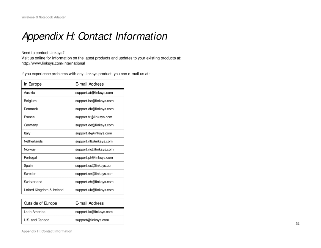 Linksys WRK54G (EU/LA) manual Appendix H Contact Information 