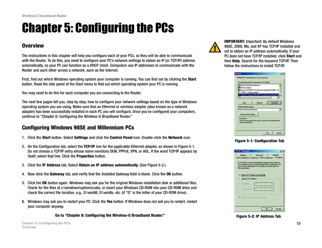 Linksys WRK54G (EU/LA) manual Configuring the PCs, Overview, Configuring Windows 98SE and Millennium PCs 