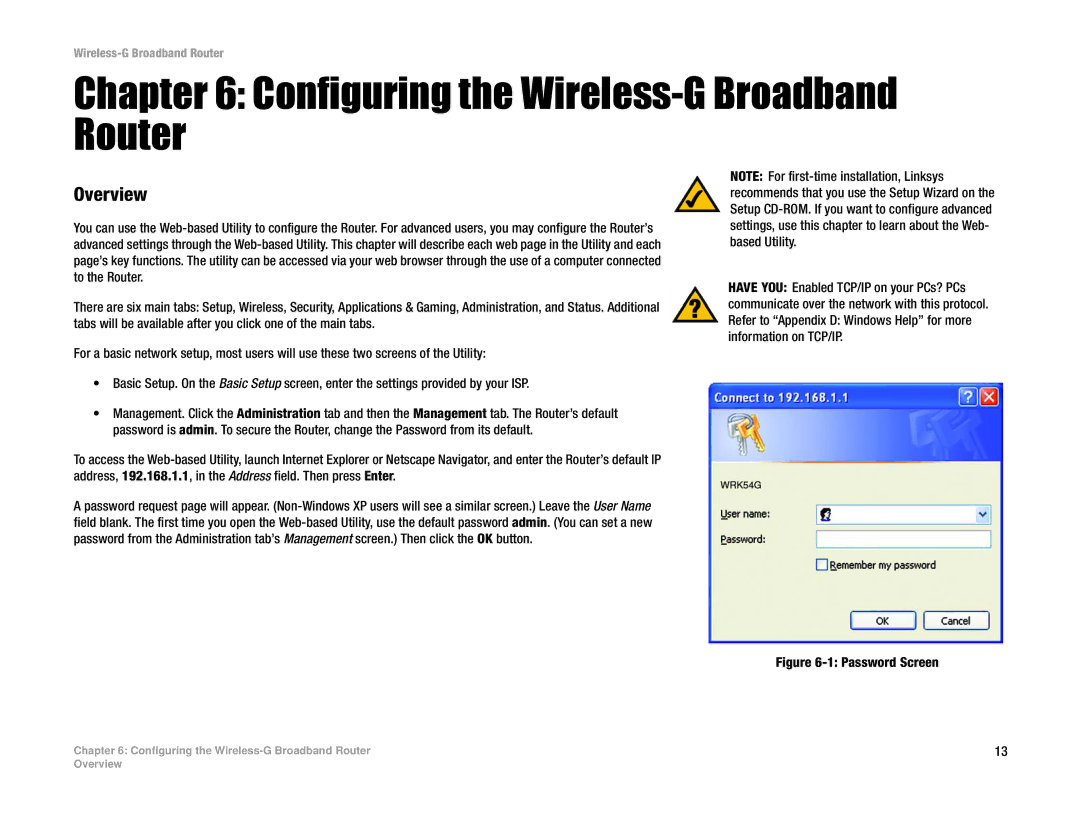 Linksys WRK54G (EU/LA) manual Configuring the Wireless-G Broadband Router, Password Screen 