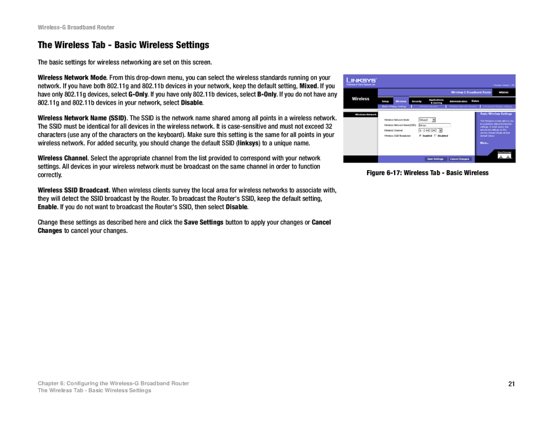 Linksys WRK54G (EU/LA) manual Wireless Tab Basic Wireless Settings 