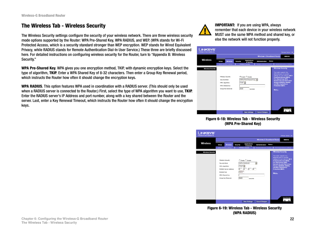 Linksys WRK54G (EU/LA) manual Wireless Tab Wireless Security, WPA Radius 