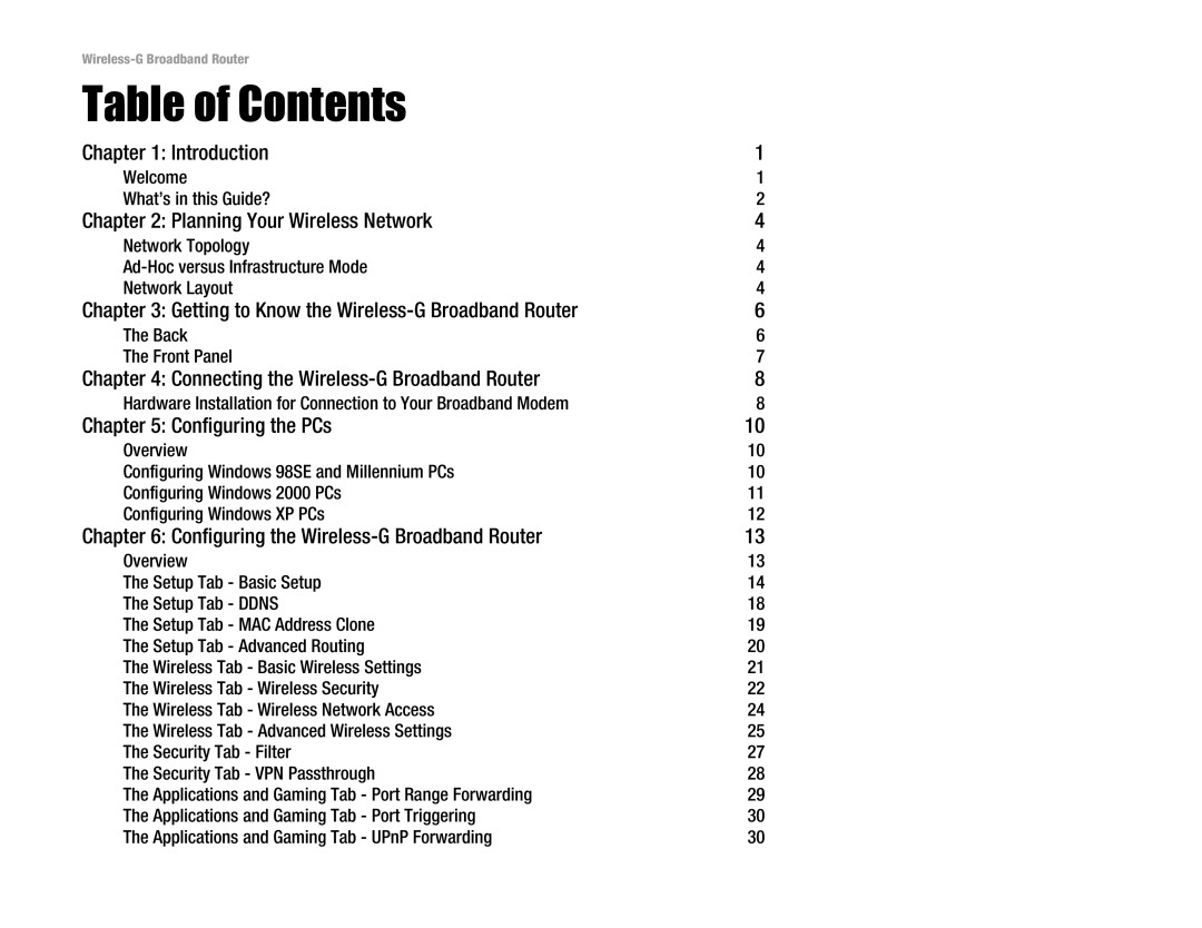 Linksys WRK54G (EU/LA) manual Table of Contents 