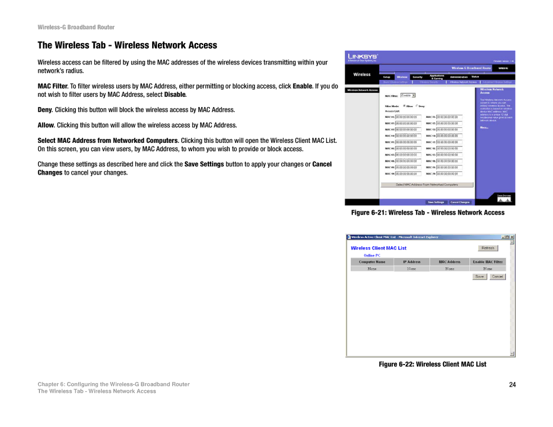 Linksys WRK54G (EU/LA) manual Wireless Tab Wireless Network Access 