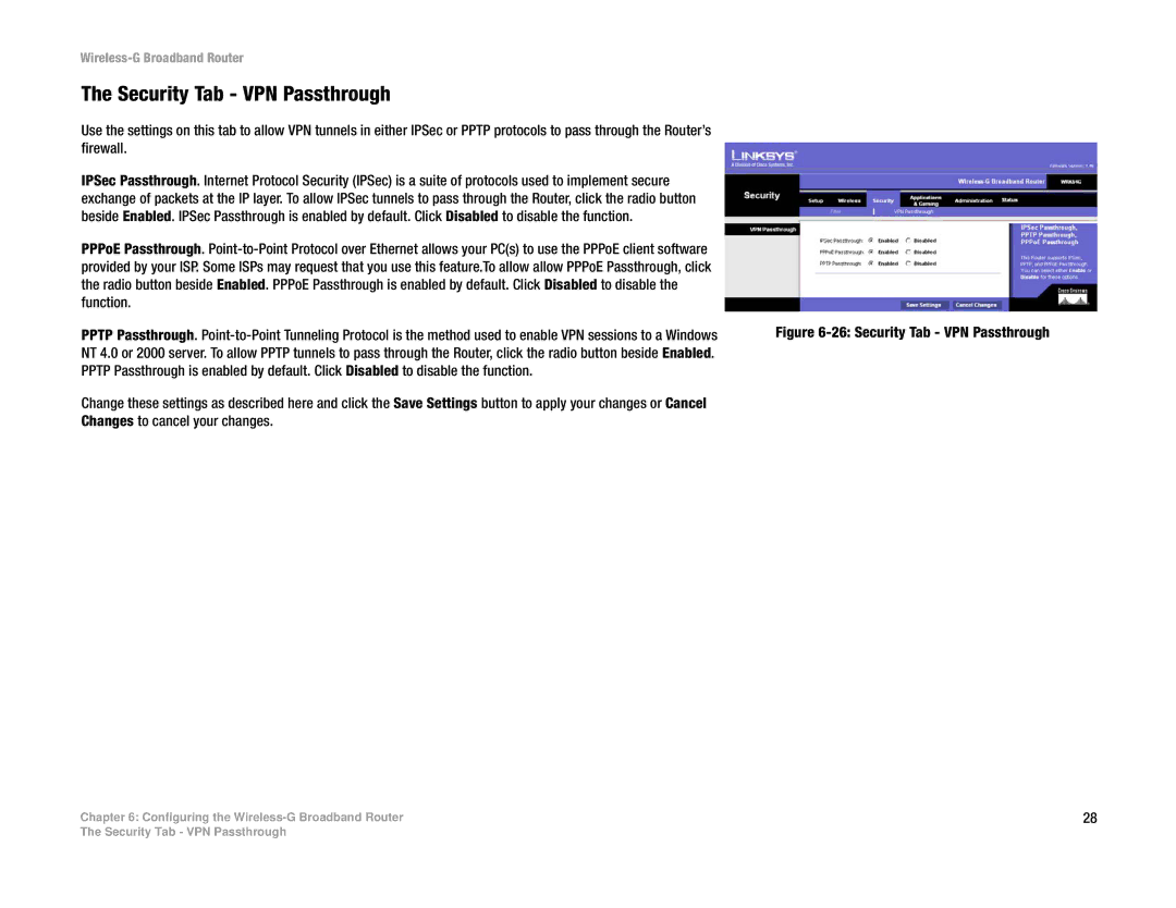 Linksys WRK54G (EU/LA) manual Security Tab VPN Passthrough 