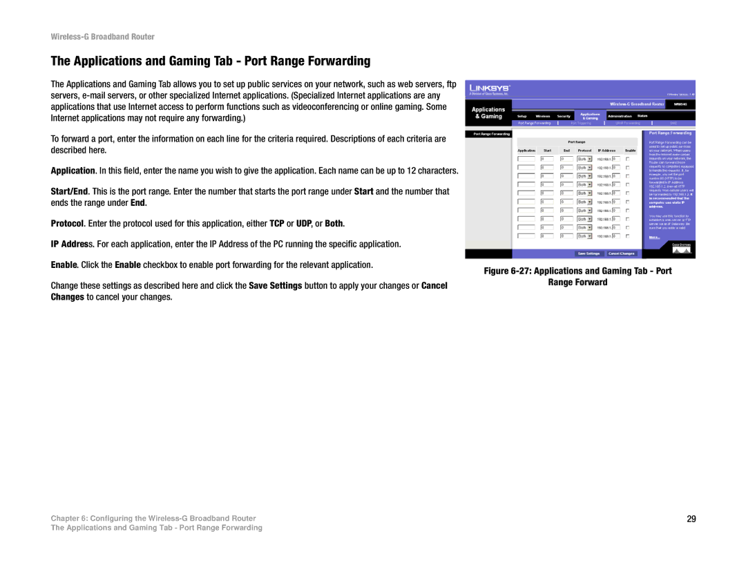 Linksys WRK54G (EU/LA) manual Applications and Gaming Tab Port Range Forwarding 