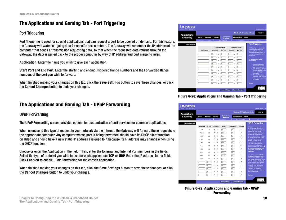 Linksys WRK54G (EU/LA) manual Applications and Gaming Tab Port Triggering, Applications and Gaming Tab UPnP Forwarding 