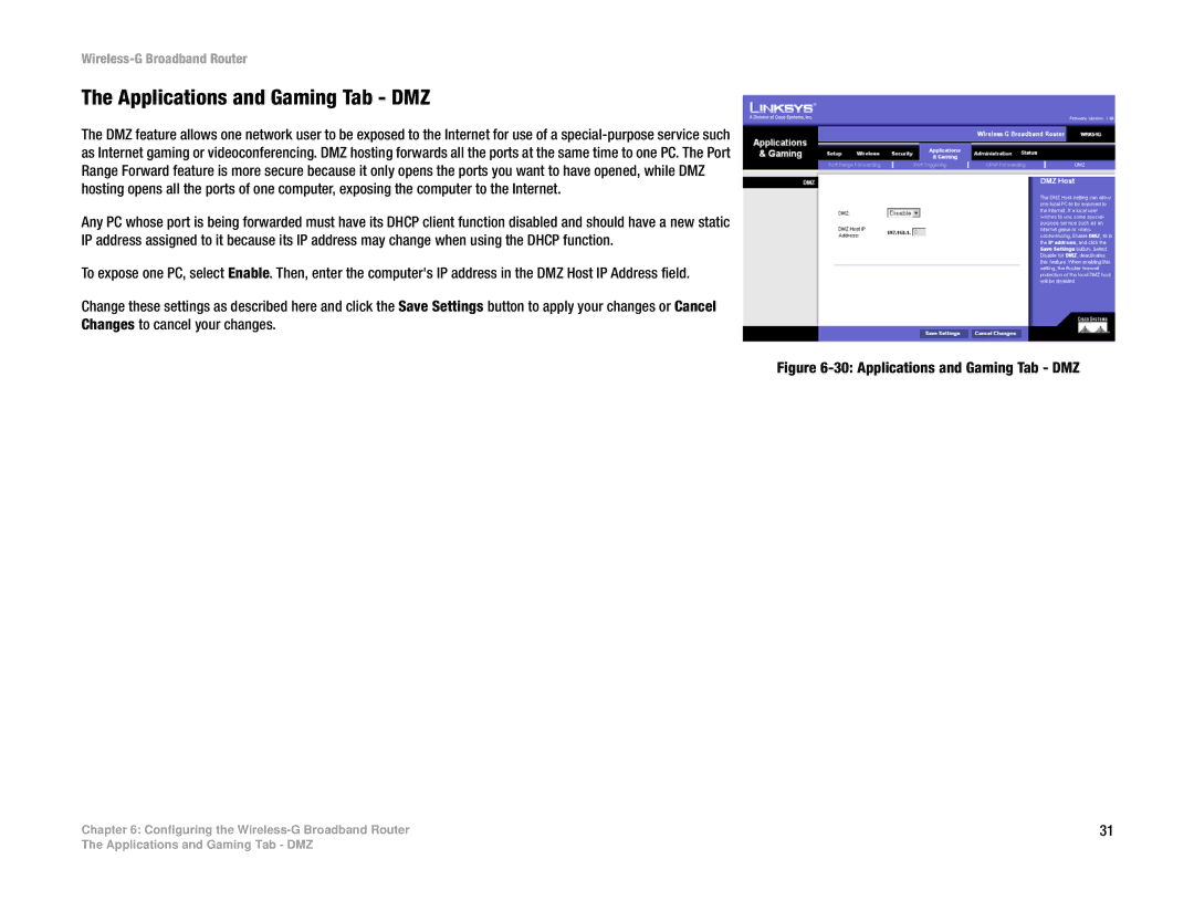 Linksys WRK54G (EU/LA) manual Applications and Gaming Tab DMZ 