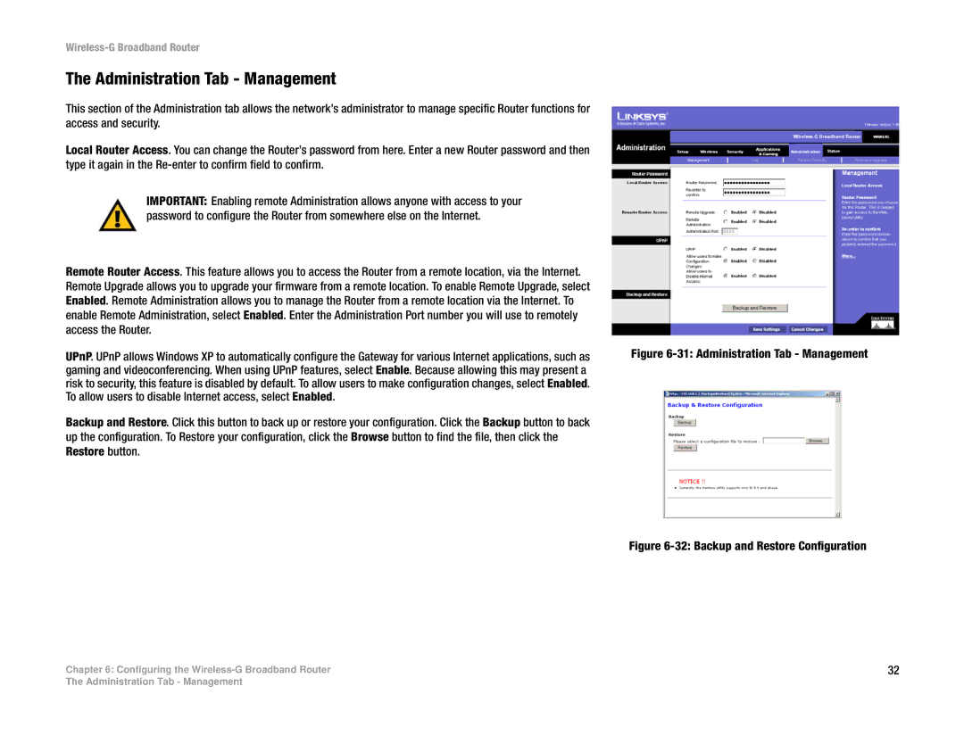 Linksys WRK54G (EU/LA) manual Administration Tab Management 