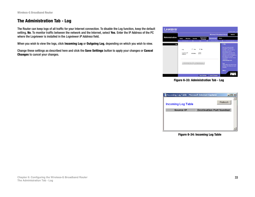 Linksys WRK54G (EU/LA) manual Administration Tab Log 