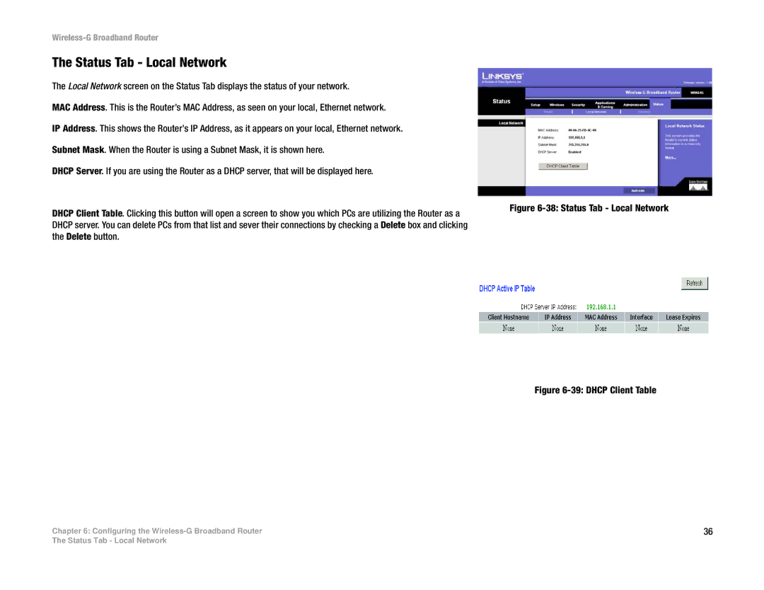 Linksys WRK54G (EU/LA) manual Status Tab Local Network 