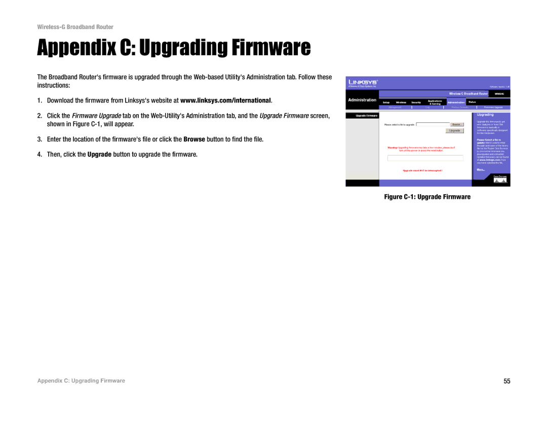 Linksys WRK54G (EU/LA) manual Appendix C Upgrading Firmware, Figure C-1 Upgrade Firmware 