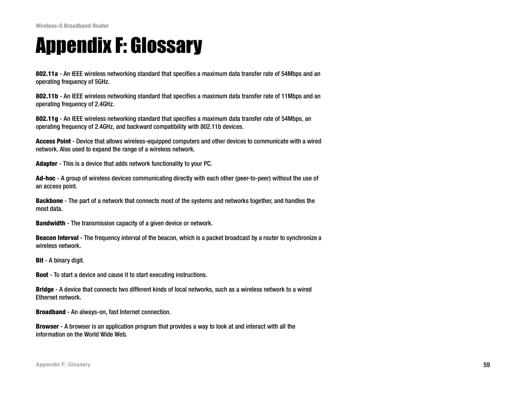 Linksys WRK54G (EU/LA) manual Appendix F Glossary 