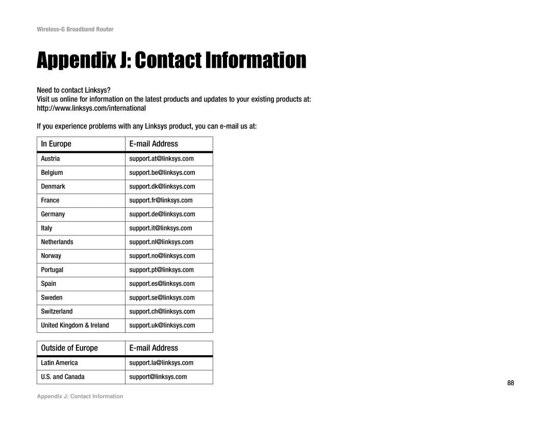 Linksys WRK54G (EU/LA) manual Appendix J Contact Information, Europe Mail Address 