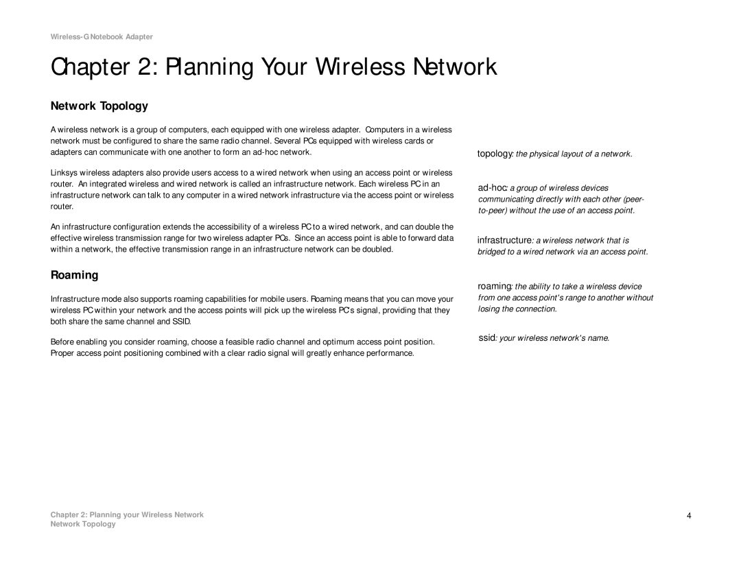 Linksys WRK54G (EU/LA) manual Roaming, Topology the physical layout of a network 