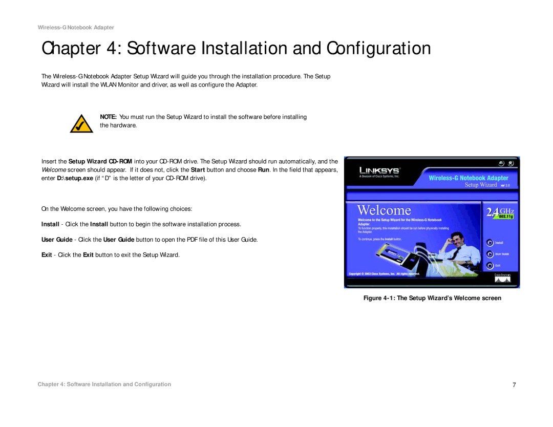 Linksys WRK54G (EU/LA) manual Software Installation and Configuration, Setup Wizard’s Welcome screen 