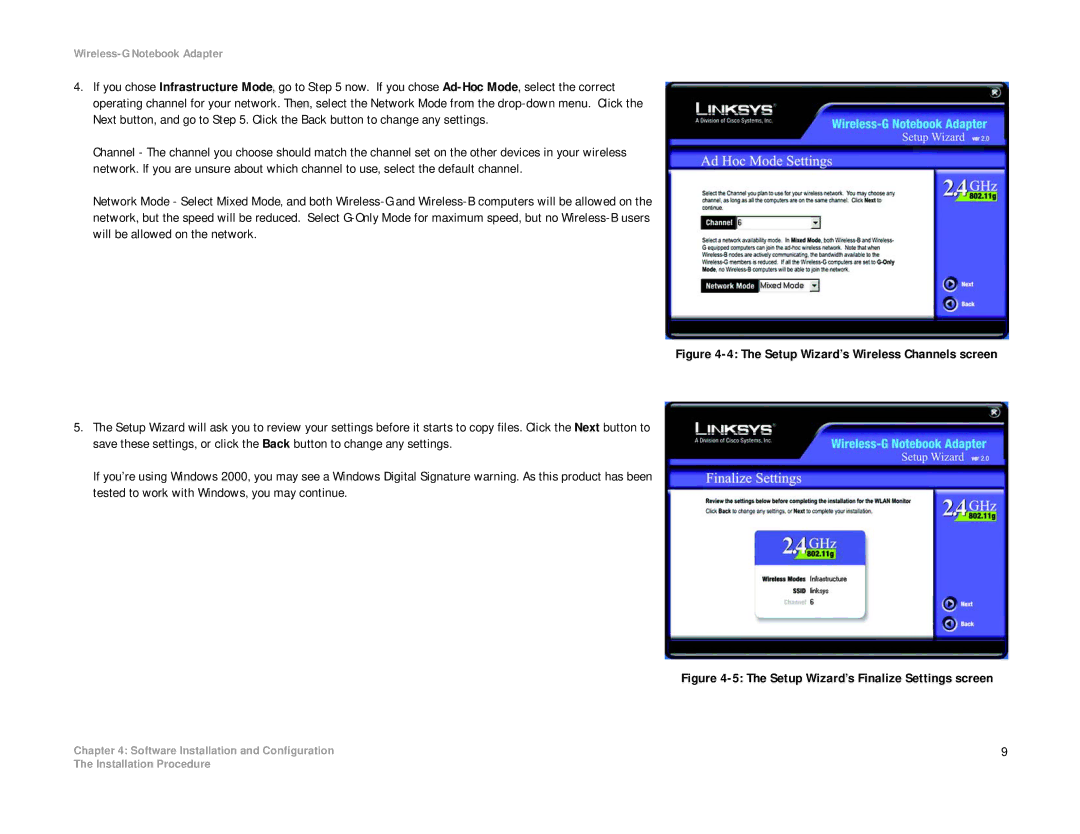 Linksys WRK54G (EU/LA) manual Setup Wizard’s Finalize Settings screen 