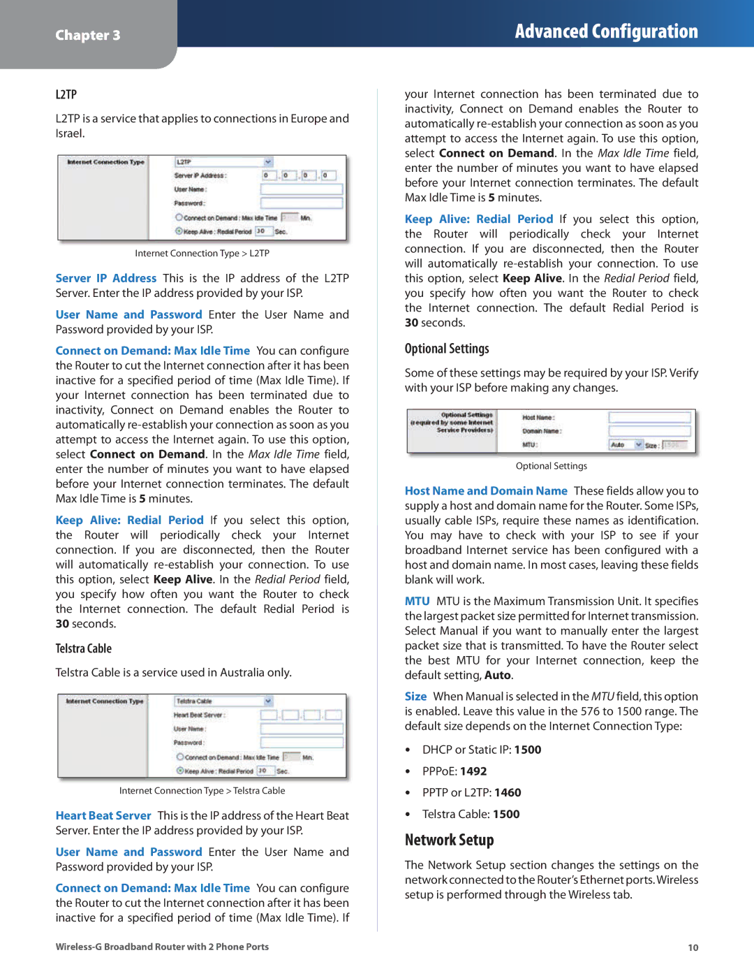 Linksys WRP400 manual Network Setup, Optional Settings, Telstra Cable 