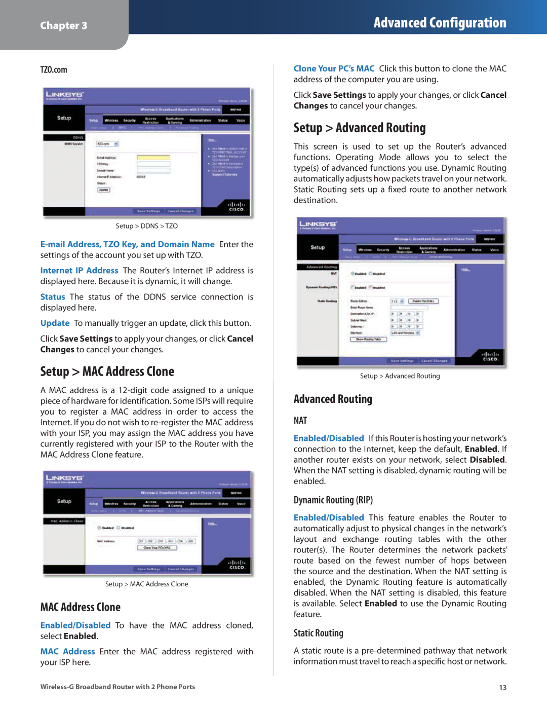 Linksys WRP400 manual Setup MAC Address Clone, Setup Advanced Routing 