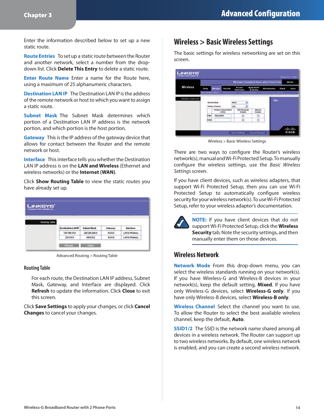 Linksys WRP400 manual Wireless Basic Wireless Settings, Wireless Network, Routing Table 